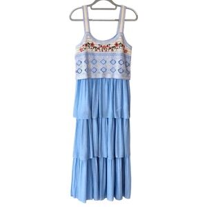 NEW Kings Road Maxi Dress Womens Medium Crochet‎ Top Tiered Sleeveless Blue
